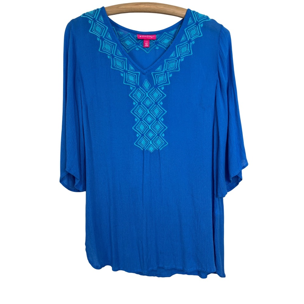 Lilly Pulitzer Tunic Women S Blue Embroidered Boho Coastal Resortwear V-Neck A28